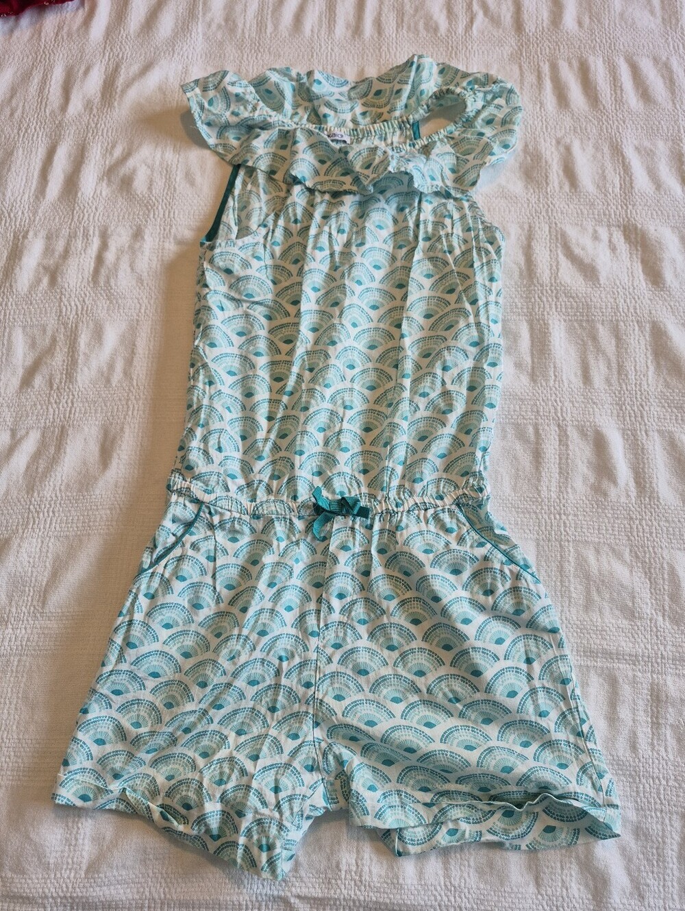 Okaidi girls size 10 sleeveless romper teal & white with fan design VGUC